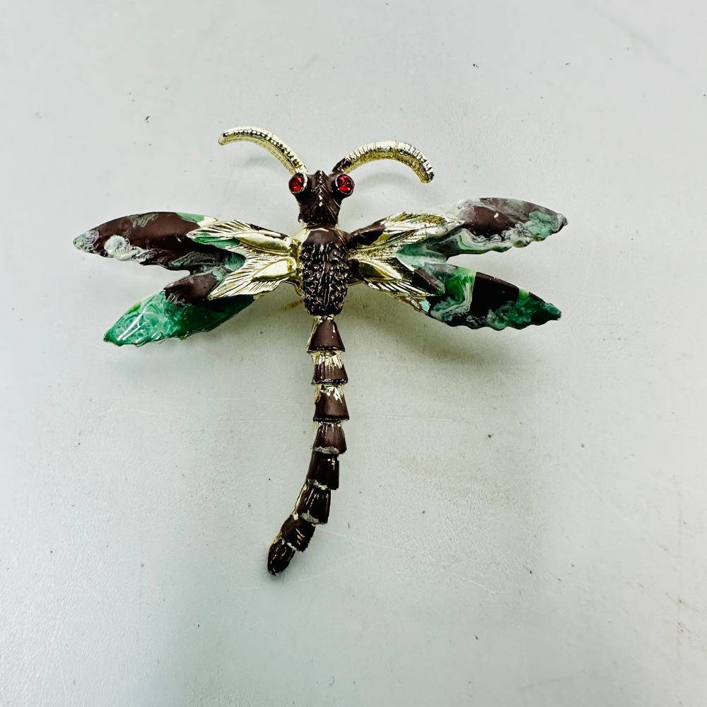 Vintage Dragonfly Brooch Gold Tone Green Brown Enamel Red Rhinestone Eyes Pin